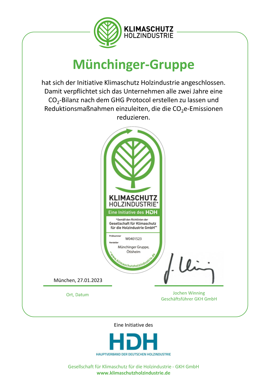 Urkunde Klimaschutz Holzindustrie 2023